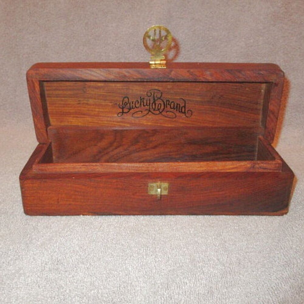 Vtg Lucky Brand Tooled Wood Fretwork Stash Box Brass Peace Sign Incense Trinket